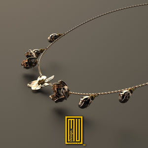 Forget me not Flowers Necklace with Golden Chain - Handmade Design, Personalized Necklace, Hammered Effect