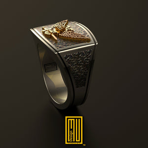 Ring for Scottish Rite 32nd Degree with Rose Gold Eagle, Solid Sterling Silver - Handmade Men's Jewelry