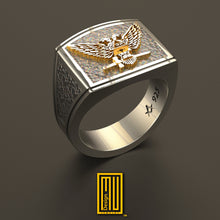 Ring for Scottish Rite 32nd Degree with Rose Gold Eagle, Solid Sterling Silver - Handmade Men's Jewelry