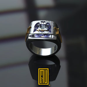 Scottish Rite Double Headed Hammered Ring with Amethyst Gemstone - Handmade Men's Jewelry