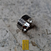 Masonic Ring with Black and White Tiles, 925k Sterling Silver - Handmade Men's Jewelry