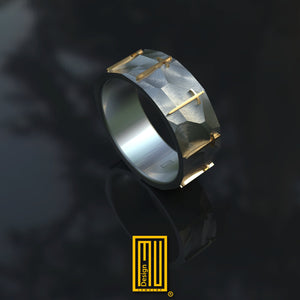 Ring With Nine Gold Swords, Hammered Ring Body - Masonic Ring, Handmade Men's Jewelry