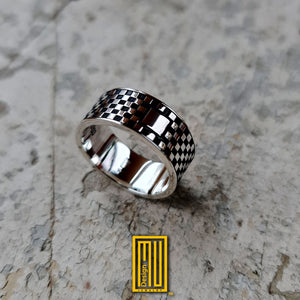 Masonic Ring with Black and White Tiles, 925k Sterling Silver - Handmade Men's Jewelry