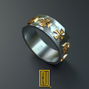 Ring for Knights Templar - Masonic Handmade Ring, Handmade Masonic Jewelry - 14K Rose Gold and Sterling Silver with Hammered Effect