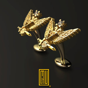 Golden Cufflinks Double Headed Eagle with Diamonds - Handmade Jewelry, Custom Design, Unique Gift