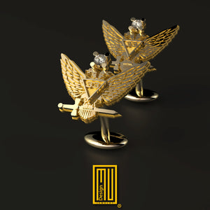 Golden Cufflinks Double Headed Eagle with Diamonds - Handmade Jewelry, Custom Design, Unique Gift