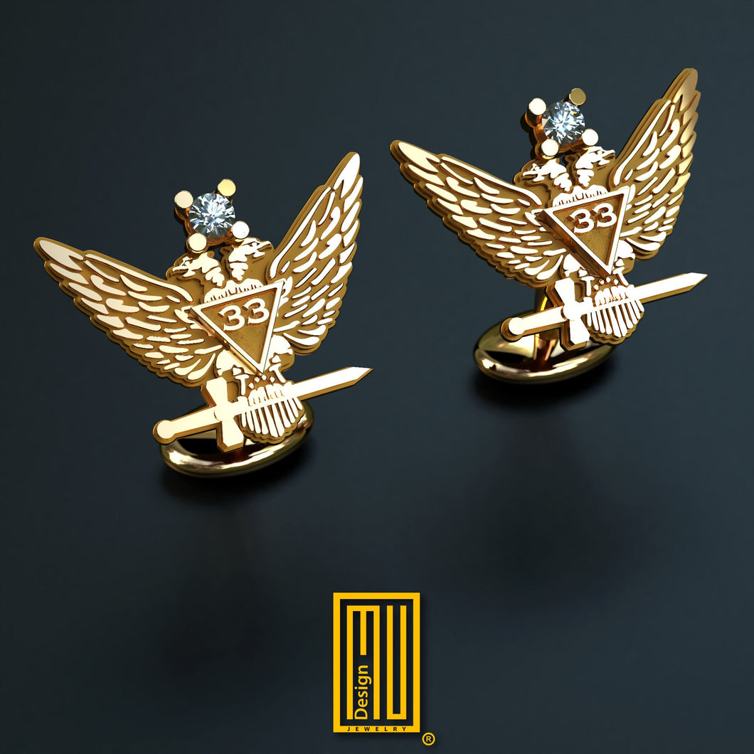 Golden Cufflinks Double Headed Eagle with Diamonds - Handmade Jewelry, Custom Design, Unique Gift