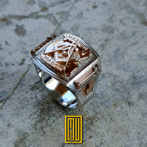 Masonic Ring With Roslyn Chapel's Golden Pillars and Symbols