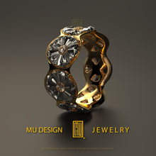 Ring With Five Flowers  14k Gold with Diamonds Handmade Female Jewelry