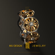 Ring With Five Flowers  14k Gold with Diamonds Handmade Female Jewelry
