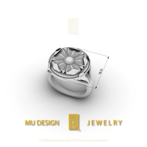 Flower Ring Solid 14k White and Rose Gold with Diamond Handmade Unique Esoteric Jewelry