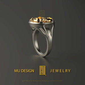 Flower Ring Solid 14k White and Rose Gold with Diamond Handmade Unique Esoteric Jewelry