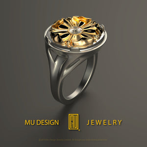 Flower Ring Solid 14k White and Rose Gold with Diamond Handmade Unique Esoteric Jewelry