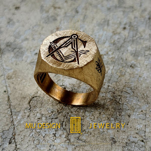 Minimalist Masonic Brass Ring, Handmade Antique Surface Effect