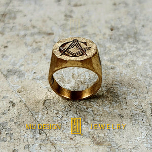 Minimalist Masonic Brass Ring, Handmade Antique Surface Effect