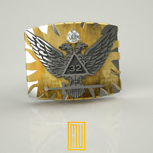 Scottish Rite 32nd Degree Lapel Pin Bronze and 925k Silver with Cubic Zirconia -Handmade Jewelry, Masonic Design and Mystic Gift