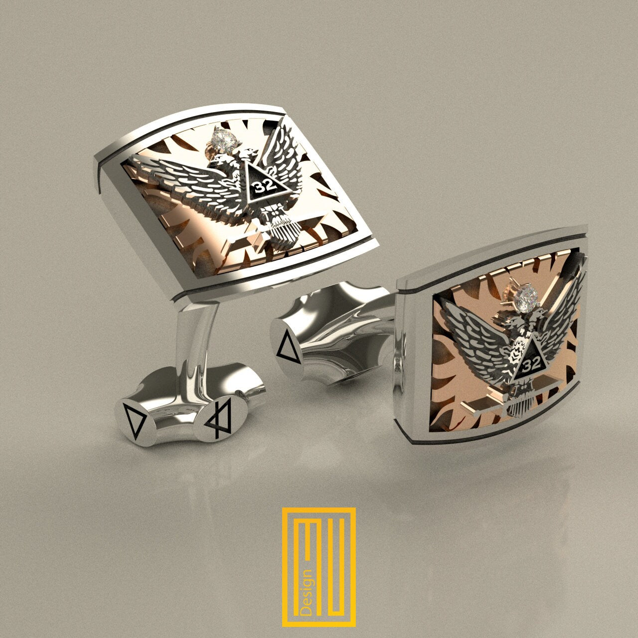 Scottish Rite 32nd Degree Cufflinks Gold, Sterling Silver with Diamonds