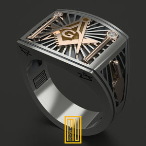 Masonic Ring Rose Gold Tools with Diamonds