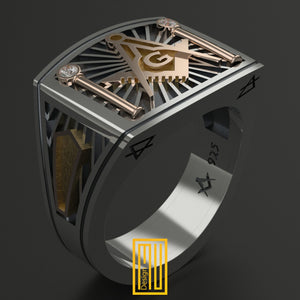 Masonic Ring Rose Gold Tools with Diamonds