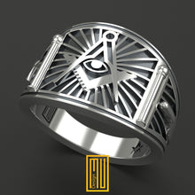 Band Style Masonic Ring with Master Mason Symbols - Handmade Mens Jewelry - Masonic Ring
