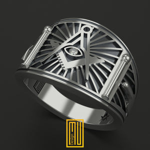 Band Style Masonic Ring with Diamond - 925K Sterling Silver, Handmade Men's Jewelry