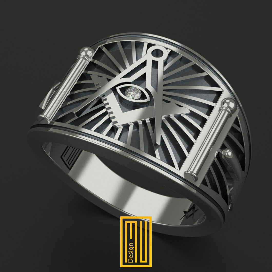 Band Style Masonic Ring with Diamond - 925K Sterling Silver, Handmade Men's Jewelry
