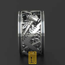 Silver Masonic Ring With Acacia Symbols and All Working Tools - Wedding Band Style Handmade Men's Jewelry