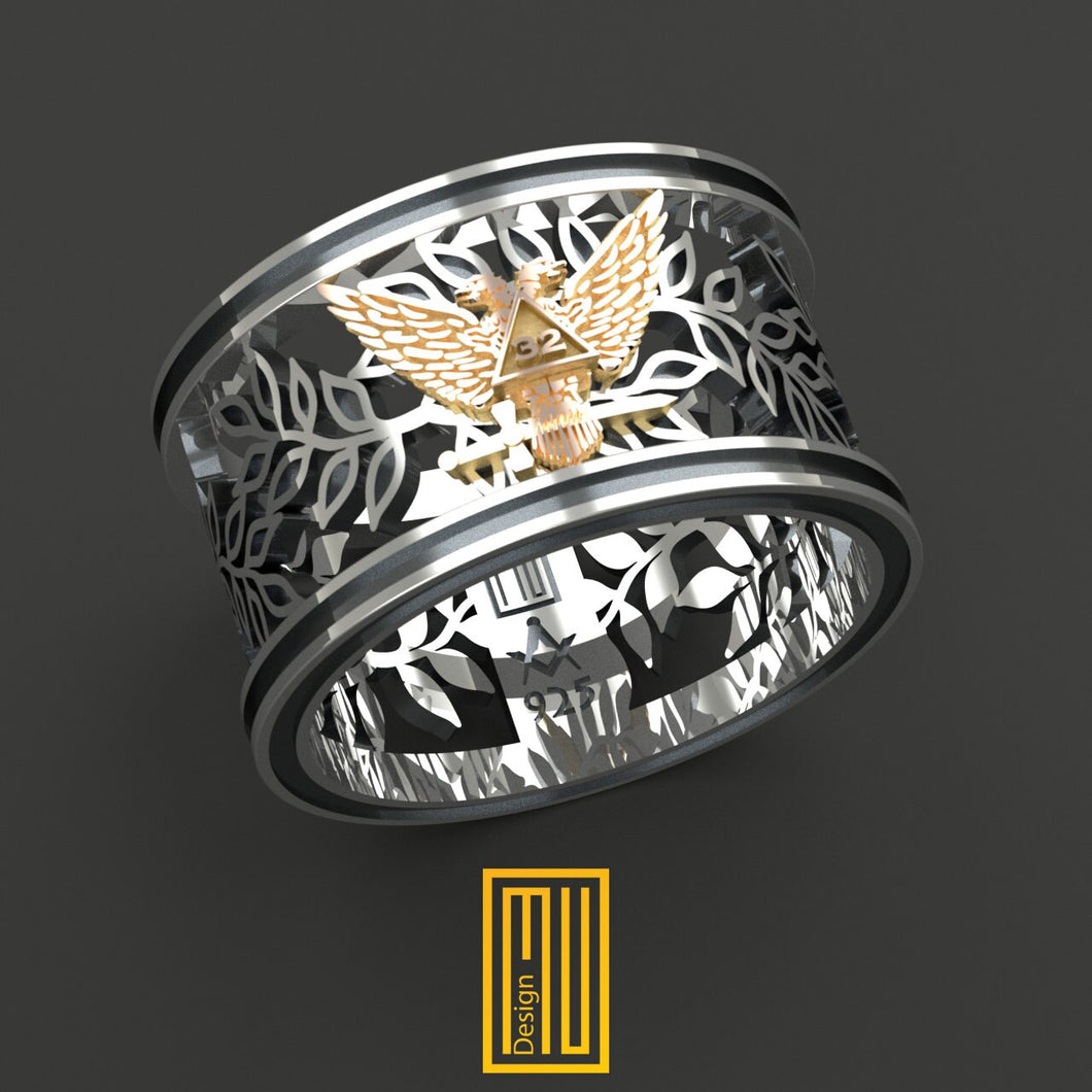 Scottish Rite 32nd Degree Masonic Ring 14k Rose Gold 925k Sterling Silver - Double-Headed Eagle SMJ 32 (Wings Open) - Handmade Jewelry