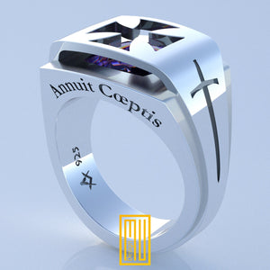 Knights Templar Ring with Amethyst Gemstone, 925k Sterling Silver, Handmade Men's Masonic Jewelry