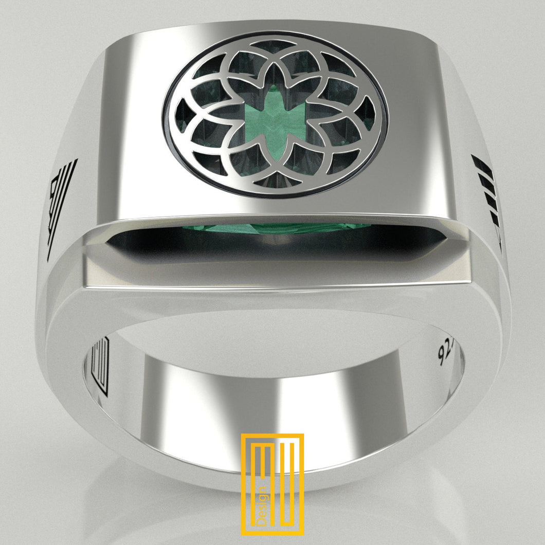 Oriental  Design Ring with Cubic Zirconia Emerald, 925k Sterling Silver - Freemason Signet Ring - Handmade Men's Jewelry