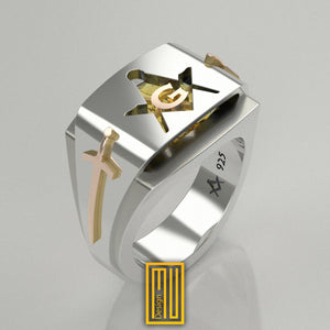 Masonic Ring with Amber Gemstone 925k Sterling Silver - Freemason Signet Ring - Handmade Men's Jewelry