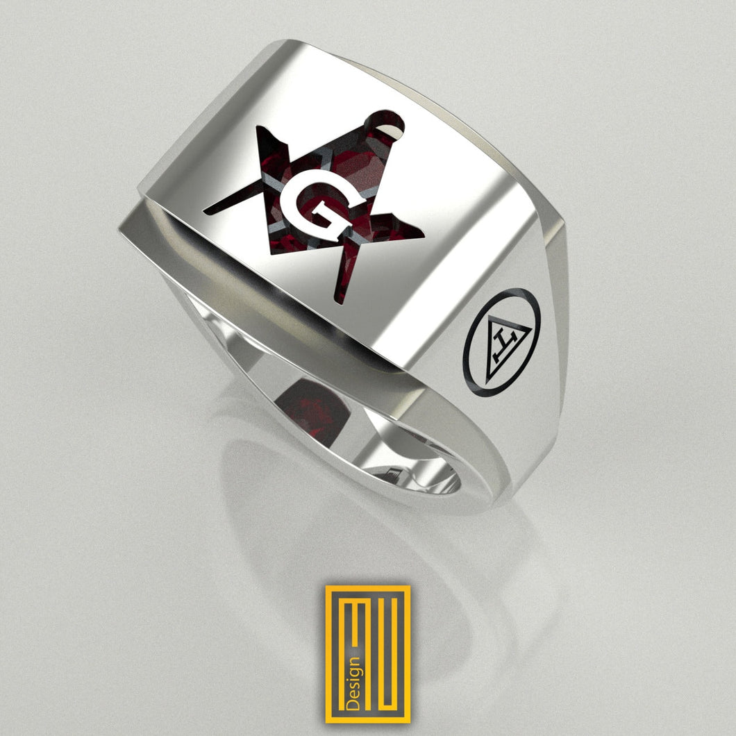 Masonic Ring for York Rite with Special cut Zirconia Ruby, 925k Sterling Silver - Freemason Signet Ring - Handmade Men's Jewelry