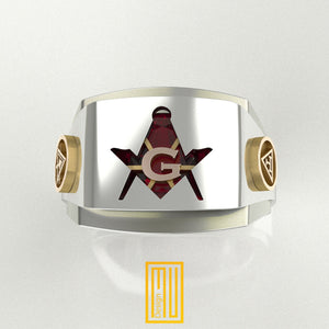 Masonic Ring for York Rite with Special cut Zirconia Ruby, Golden Sword, 925k Sterling Silver - Handmade Men's Jewelry