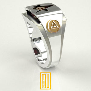 Masonic Ring for York Rite with Special cut Zirconia Ruby, Golden Sword, 925k Sterling Silver - Handmade Men's Jewelry