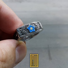 Masonic Forget Me Not Ring, Square Design, 925k Sterling Silver With Enamel - Handmade Men's Jewelry