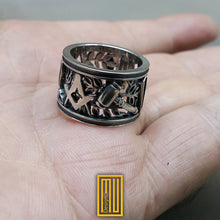 Silver Masonic Ring With Acacia Symbols and All Working Tools - Wedding Band Style Handmade Men's Jewelry