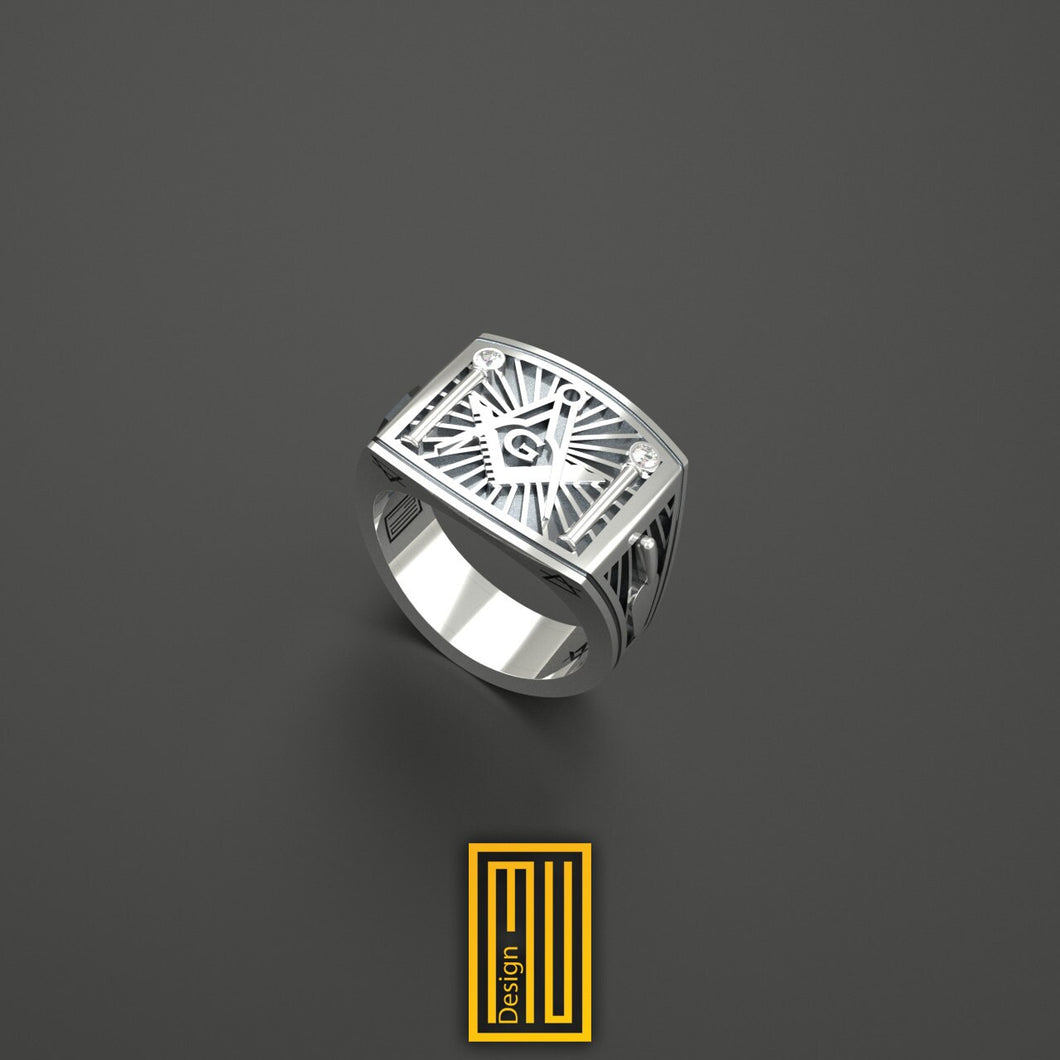 Masonic Ring 925k Sterling Silver with Diamonds - Handmade Men's Jewelry, Masonic Design, Aesthetic and Mystic Gift
