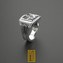 Masonic Ring 925k Sterling Silver with 2x Cubic Zirconia - Freemason Signet Ring, Handmade Men's Jewelry - Esoteric & Mystic Gift