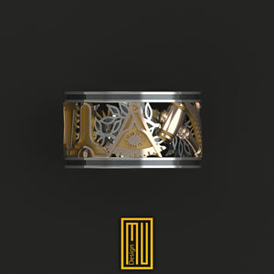 Masonic Band Style Past Master Ring, 14k Rose Gold and 925k Sterling Silver - Handmade Men's Jewelry