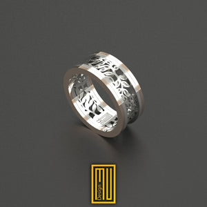 Anniversary Ring with 18k White gold and Rose Gold (Slim Style) - Acacia Symbols - Wedding Ring, Engagement Ring, Handmade Jewelry