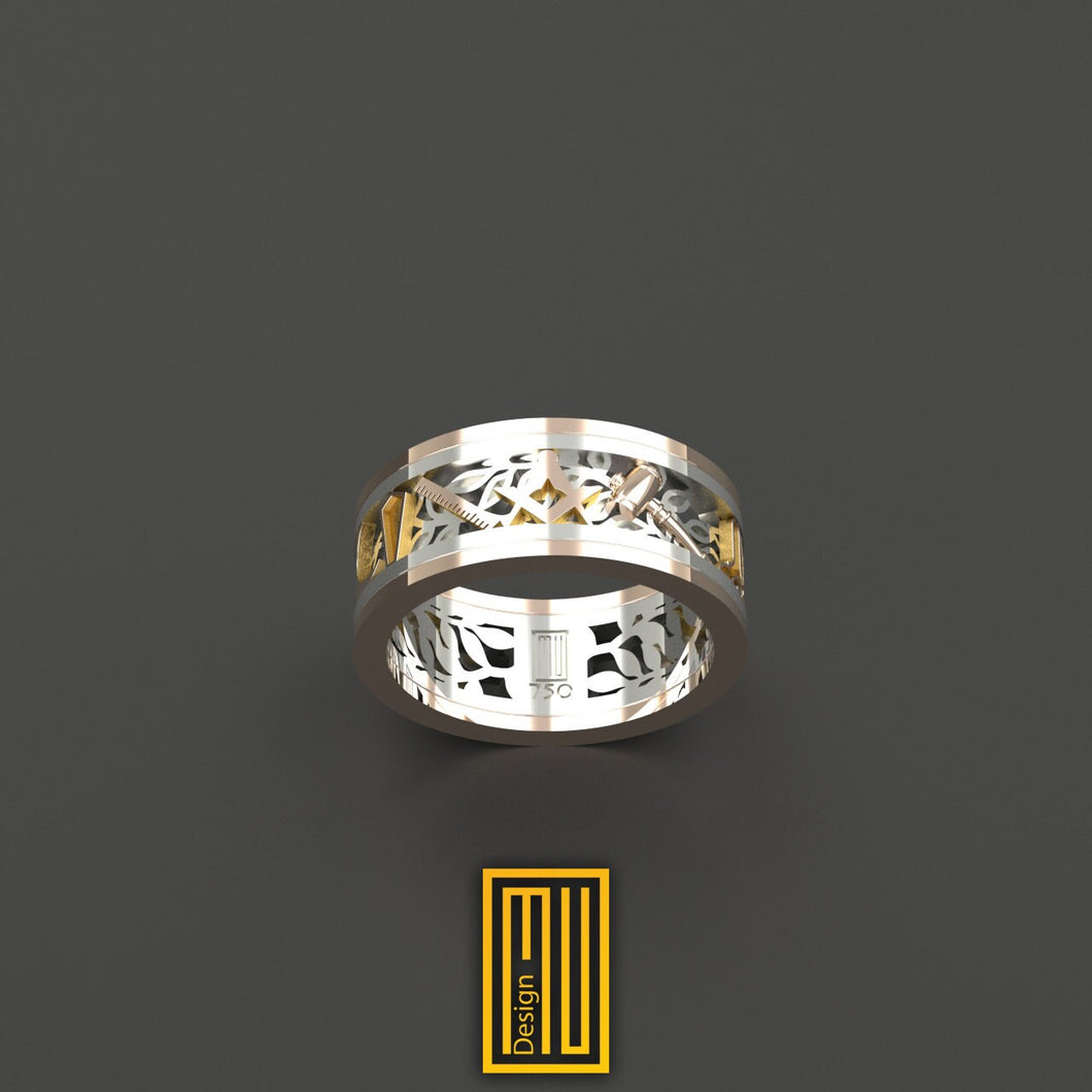 Ring with Masonic Working Tools, 18k White and Rose Gold - Handmade Men's Jewelry