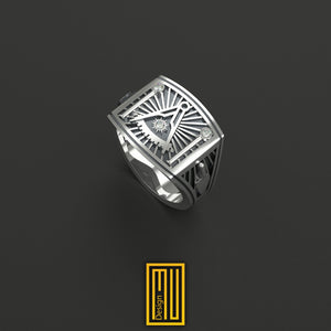 Past Master Ring 925k Sterling Silver with Diamond on Sun - Handmade Men's Jewelry, Masonic Design, Unique Ring