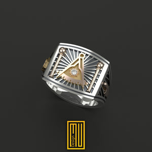 Past Master Ring 14k Rose Gold, 925k Sterling Silver with 1x Real Diamond on Sun - Handmade Jewelry, Masonic Design, Unique Gift