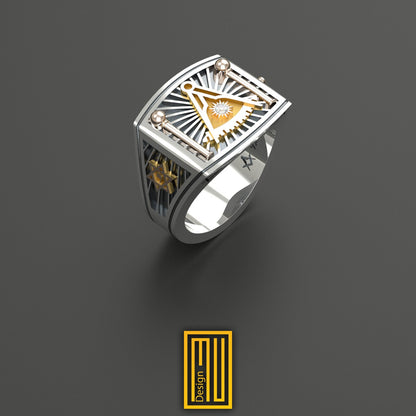 Past Master Ring Unique Design for Men 14k Rose Gold, 925k Sterling Silver with Diamond on Sun - Handmade Men's Jewelry, Masonic Gift