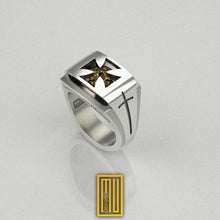 Knights Templar Ring with Citrine Gemstone - 925k Sterling Silver, Handmade Men's Masonic Jewelry