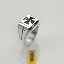 Knights Templar Ring with Citrine Gemstone - 925k Sterling Silver, Handmade Men's Masonic Jewelry