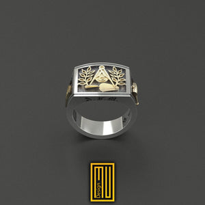 Masonic Ring 925K Sterling Silver With Bronze tools - Freemason Signet Ring, Handmade Men's Jewelry