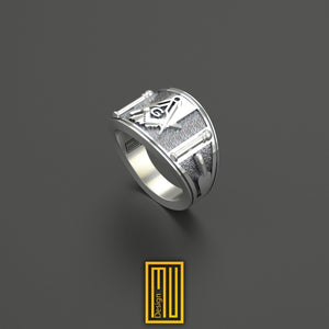 Band Style Masonic Ring with Indiana State Sign - 925k Sterling Silver - Handmade Men's Jewelry