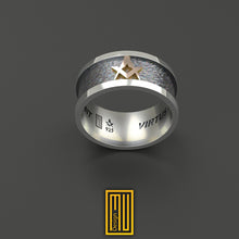 Band Style Masonic Ring with S&C, Hammered Background, 925k Silver and 14k Rose Gold - Handmade Men's Jewelry