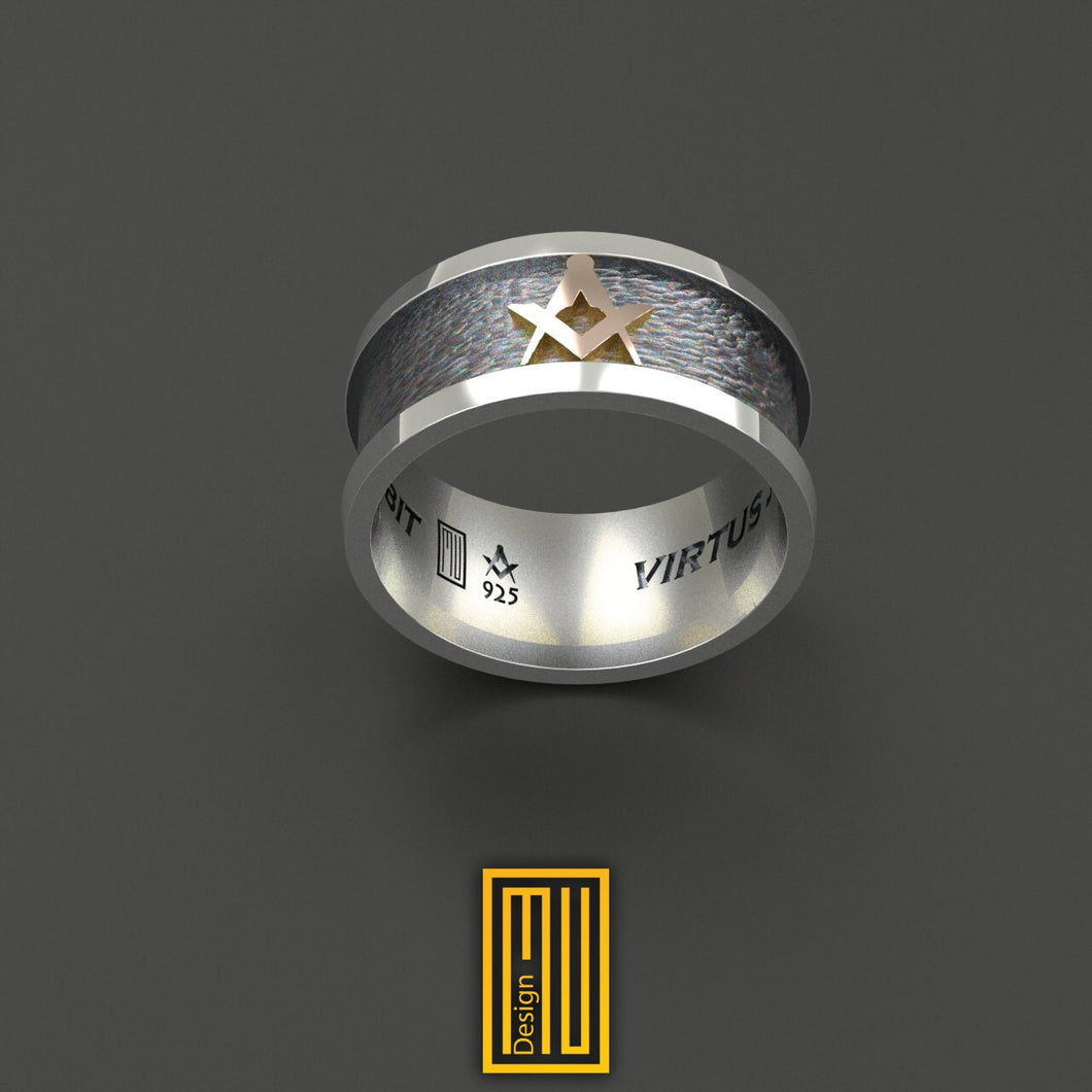 Band Style Masonic Ring with S&C, Hammered Background, 925k Silver and 14k Rose Gold - Handmade Men's Jewelry